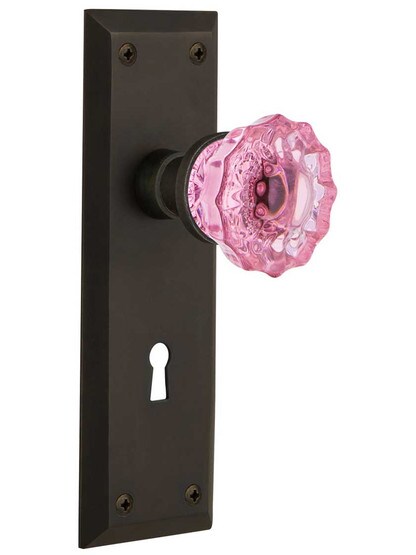 New York Mortise Lock Set with Colored Fluted Crystal Glass Knobs Pink in Oil-Rubbed Bronze.